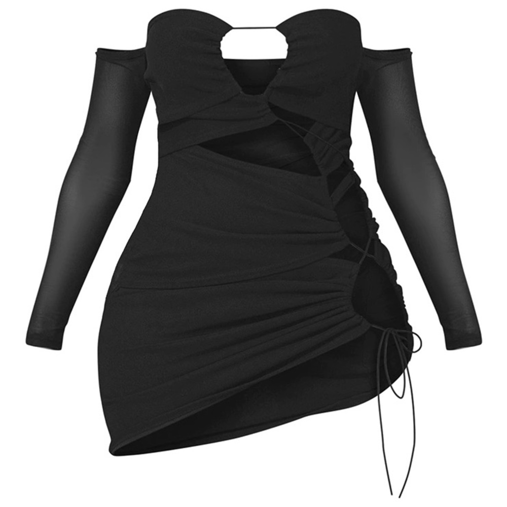Pretty Little Thing Shape Black Mesh Lace Up Cut Out Bardot Bodycon Dress Size 4